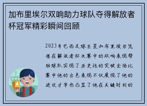 加布里埃尔双响助力球队夺得解放者杯冠军精彩瞬间回顾